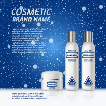 點(diǎn)擊來(lái)源直接獲取大圖文件 3d 逼真的化妝品瓶廣告模板 冬季背景下雪花的化妝品品牌廣告概念設(shè)計(jì) 模板 3d質(zhì)感矢量日化商品主圖banner模板